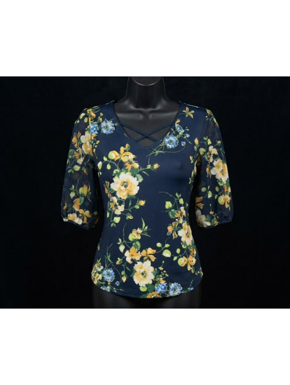 Perception Concept Navy Blue Yellow Floral Criss-Cross Neck Top Size M